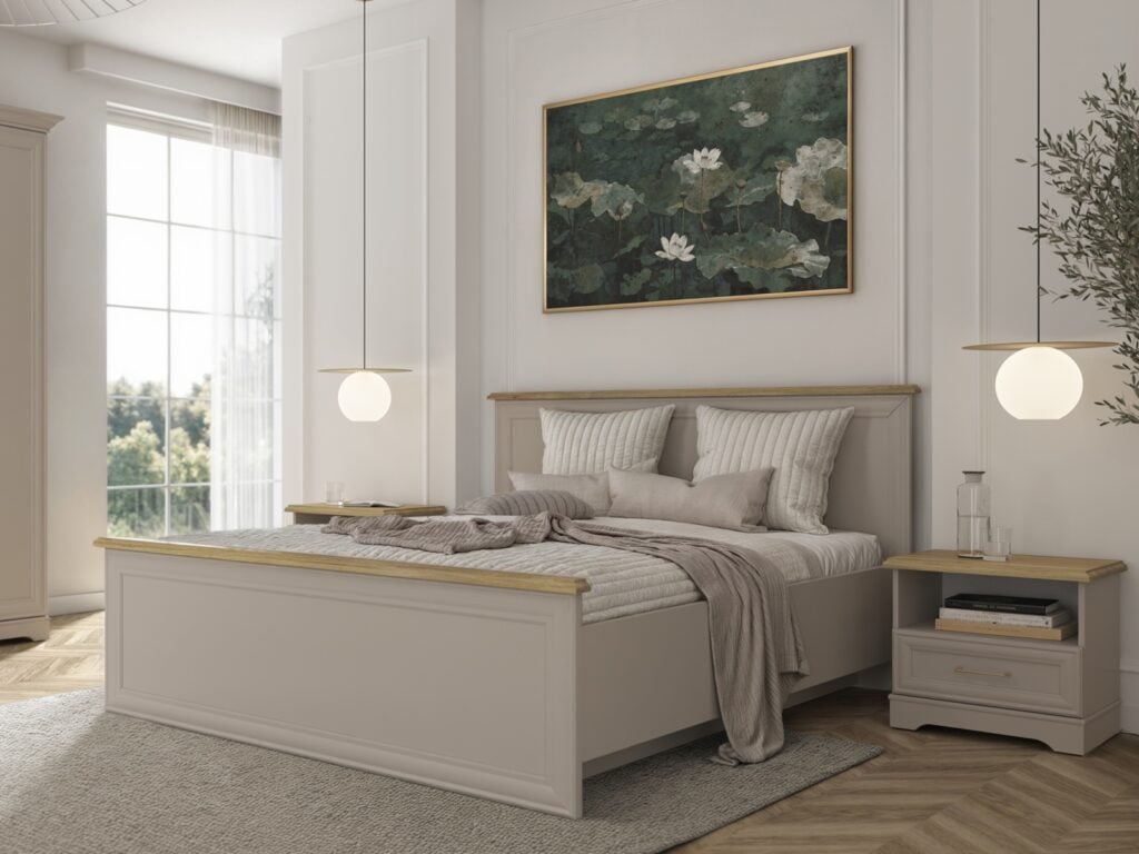 Ottoman Storage Bed King Size Lift Up Bedframe Euro 160cm Shaker Style Cashmere Beige and Mauvelle Oak - Anga