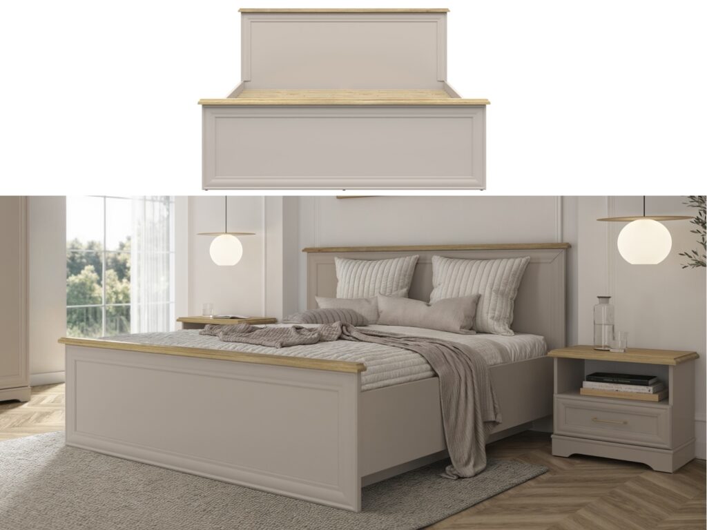 King Size Bed Frame Euro 160cm Shaker Headboard Footboard Solid Wood Slats Cashmere Beige and Mauvelle Oak - Anga