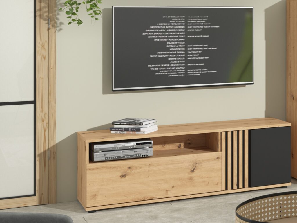Living Room Furniture Set TV Cabinet and Floating Wall Mounted Shelf Unit 135cm Black and Oak with Slats – Vabres