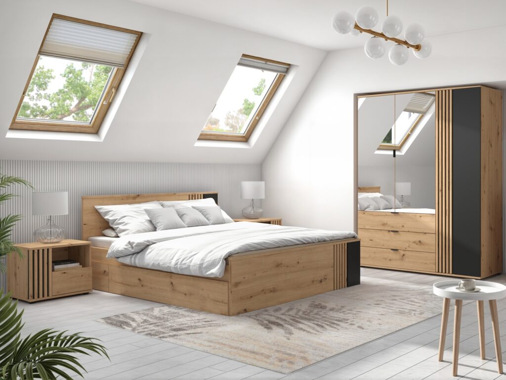 King Size Bedroom Set Storage Bed Wardrobe 2 Bedsides Euro 160cm Wood Slats Black and Oak with Panelling – Vabres