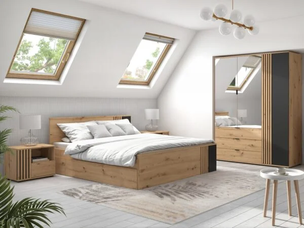 Bedroom Room furniture set Bedframe, drawer, bedsides, triple wardrobe oak and black matt slat panelling Vabres Roomshot