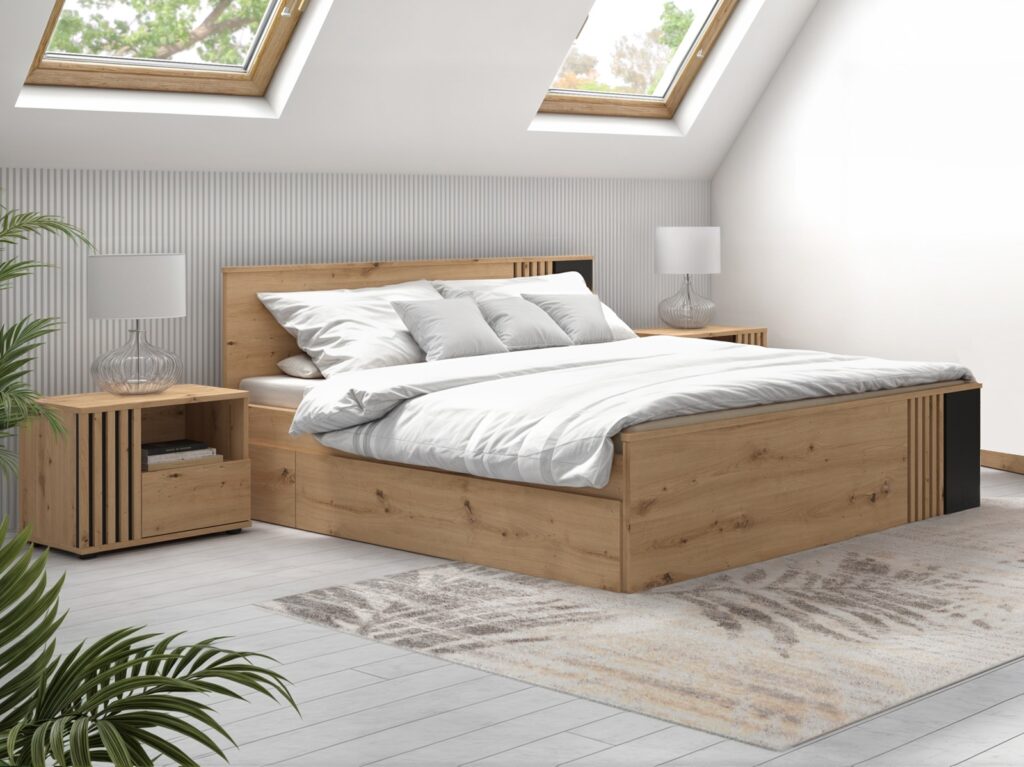 King Size Bed with Storage Underbed Drawer 2 Bedsides Euro 160cm Wood Slats Black and Oak with Panelling – Vabres