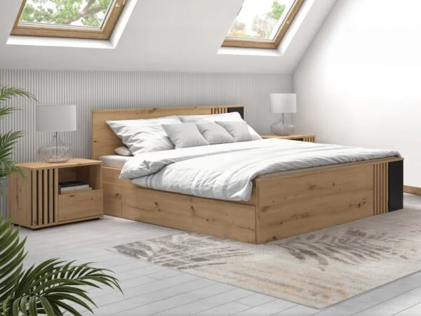 Bedroom Room furniture set Bedframe, drawer, bedsides oak and black matt slat panelling Vabres Roomshot