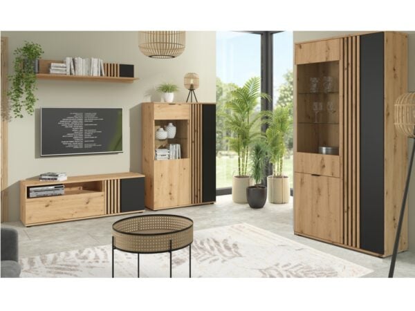 Living Room Set 1 - TV unit Wall Shelf and 2 Glass display cabinet oak and black matt slat panelling Vabres Roomshot