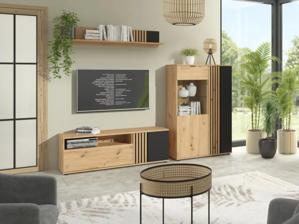 Living Room Set 2 - TV unit Wall Shelf and Glass display cabinet oak and black matt slat panelling Vabres Roomshot