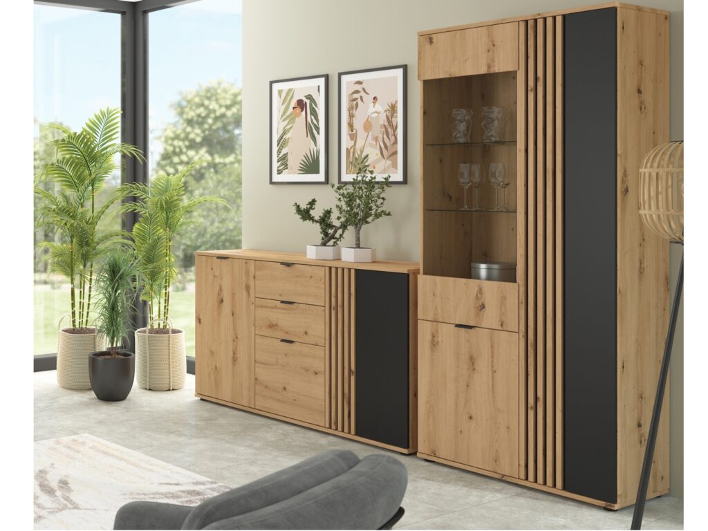 Tall Glass Display Cabinet Living Room Storage Compact Shelf Unit Ribbed Black and Oak with Slats – Vabres