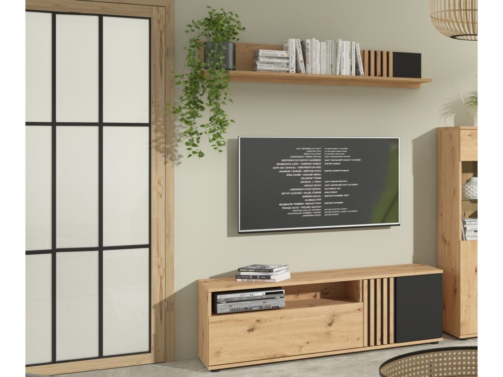 Living Room Furniture Set TV Cabinet and Floating Wall Mounted Shelf Unit 135cm Black and Oak with Slats – Vabres