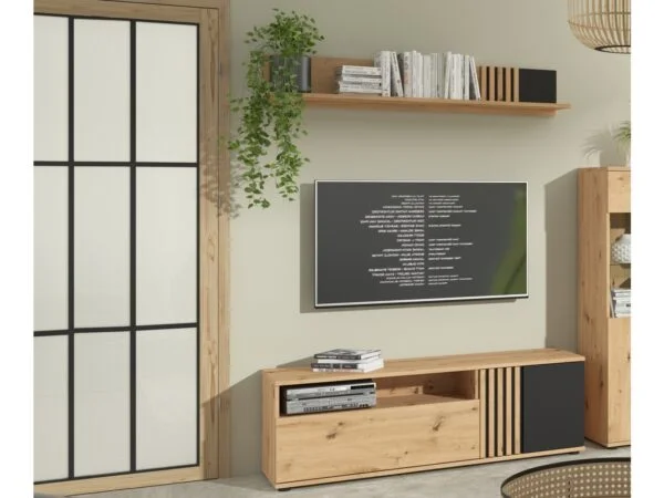 Living Room Set 1 - TV Cabinet and Wall Shelf storage oak and black matt slat panelling Vabres ROOM SET