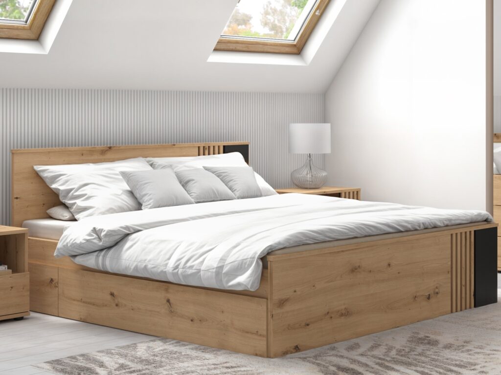 King Size Bed with Storage Euro 160cm King Underbed Wheeled Drawer Wood Slats Black and Oak with Panelling – Vabres