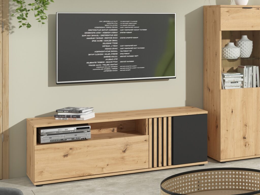 TV Cabinet Storage Living Room Media Wide Drawer Door Open Shelf Unit 135cm Unit Black and Oak with Slats – Vabres
