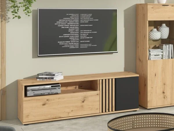 TV Cabinet storage media table unit oak and black matt slat panelling Vabres First Image