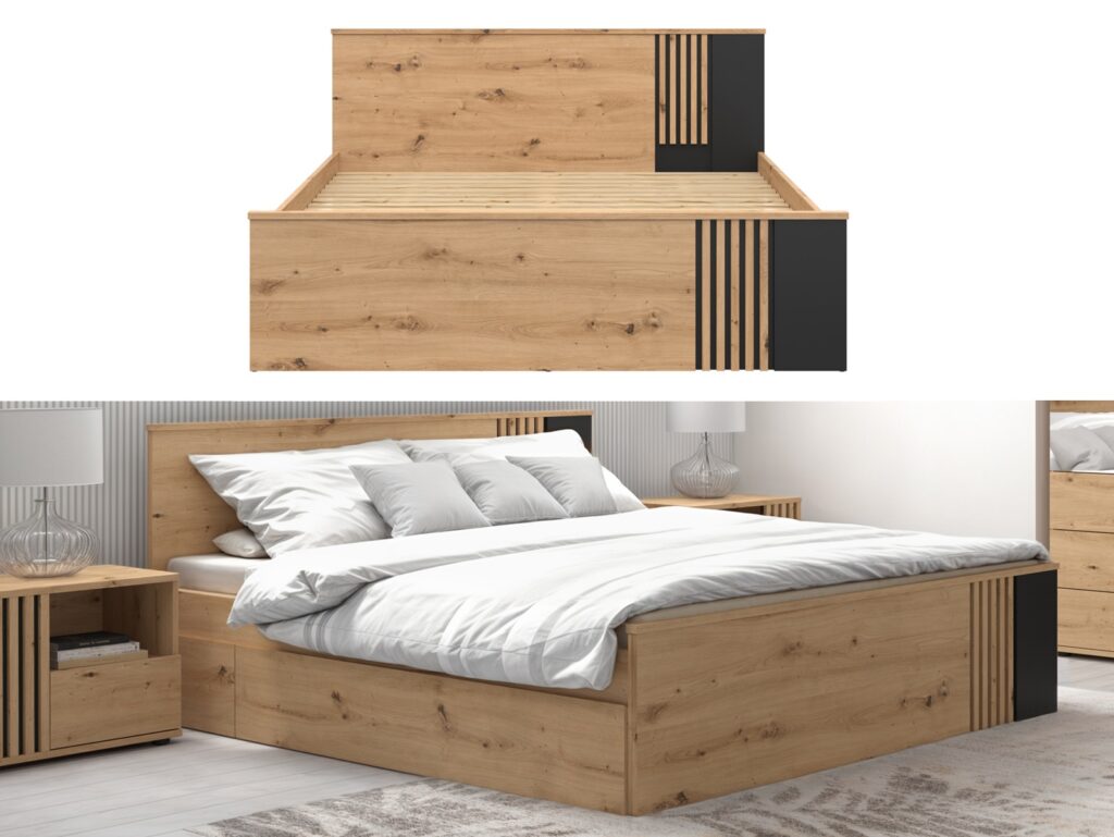 King Size Bed Frame Euro 160cm King Size Solid Wood Bed Slats Black and Oak with Panelled Slats – Vabres