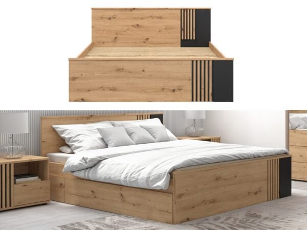 Euro King Size Bed Frame with solid wood slats oak and black matt slat panelling Vabres COLLAGE