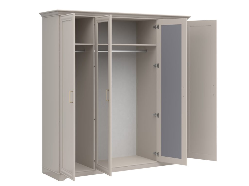 Large Mirror Wardrobe 4 Door Storage Cabinet Quadruple Wardrobe 2 Mirrored Doors Shaker Style Cashmere Beige - Anga