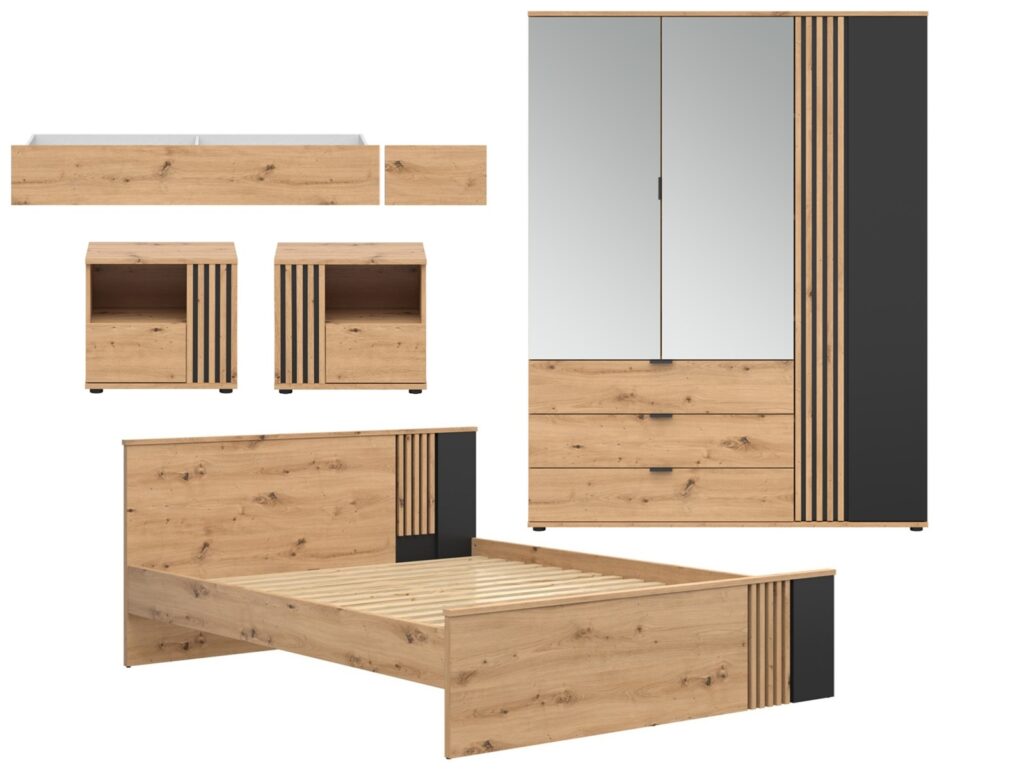 King Size Bedroom Set Storage Bed Wardrobe 2 Bedsides Euro 160cm Wood Slats Black and Oak with Panelling – Vabres