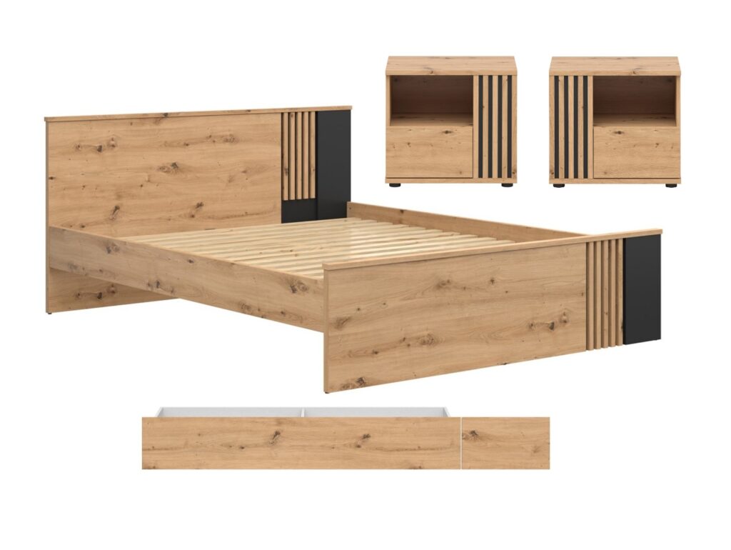 King Size Bed with Storage Underbed Drawer 2 Bedsides Euro 160cm Wood Slats Black and Oak with Panelling – Vabres