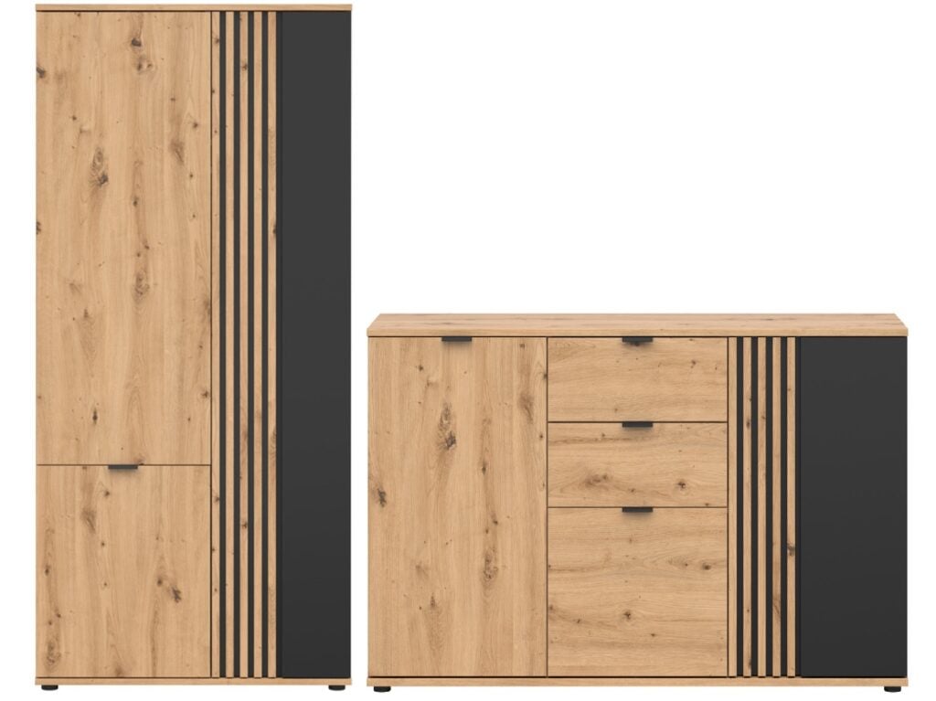 Hallway Storage Set Large Sideboard Cabinet and Triple Wardrobe Hall Unit Set Black and Oak with Slats – Vabres