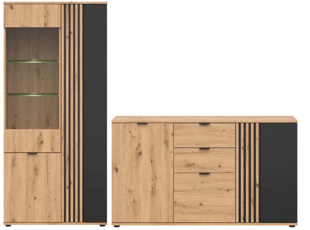 Living Room Furniture Set Sideboard Cabinet Tall Glass Display Cabinet LED Lights Black and Oak with Slats – Vabres