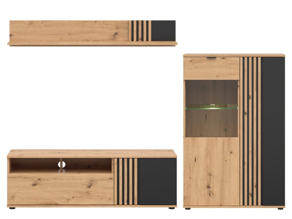 Living Room Furniture Set TV Cabinet Floating Wall Shelf Glass Display Unit LEDs Black and Oak with Slats – Vabres