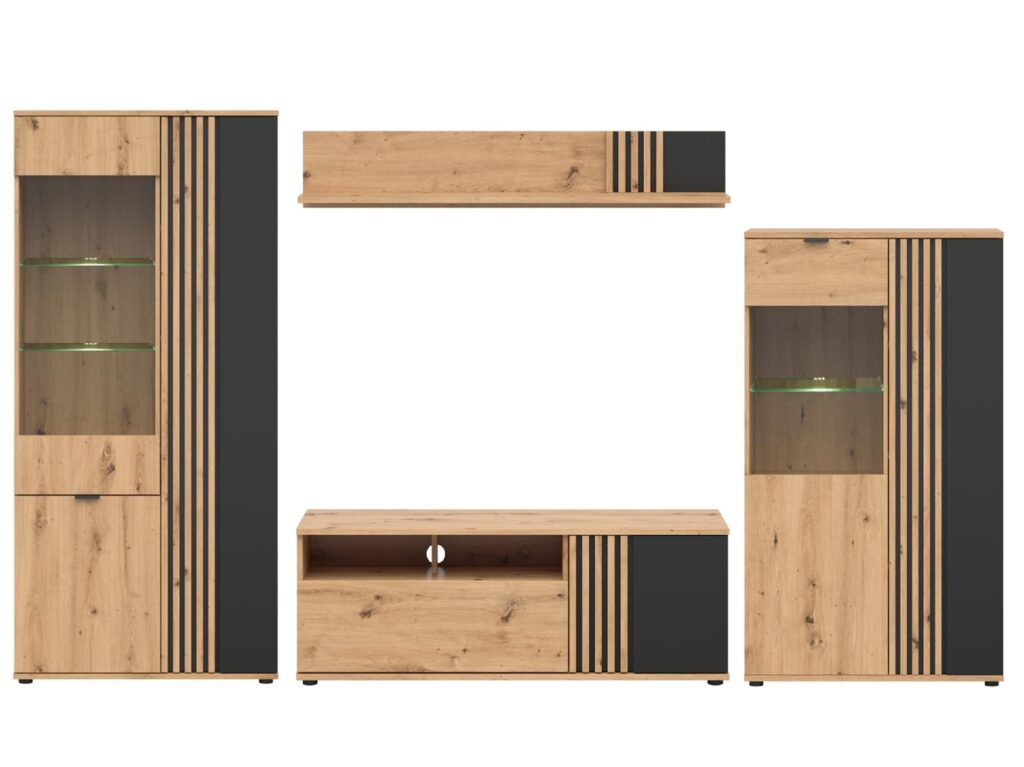 Living Room Furniture Set TV Cabinet Wall Shelf 2 Glass Display Units LED Lights Black and Oak with Slats – Vabres