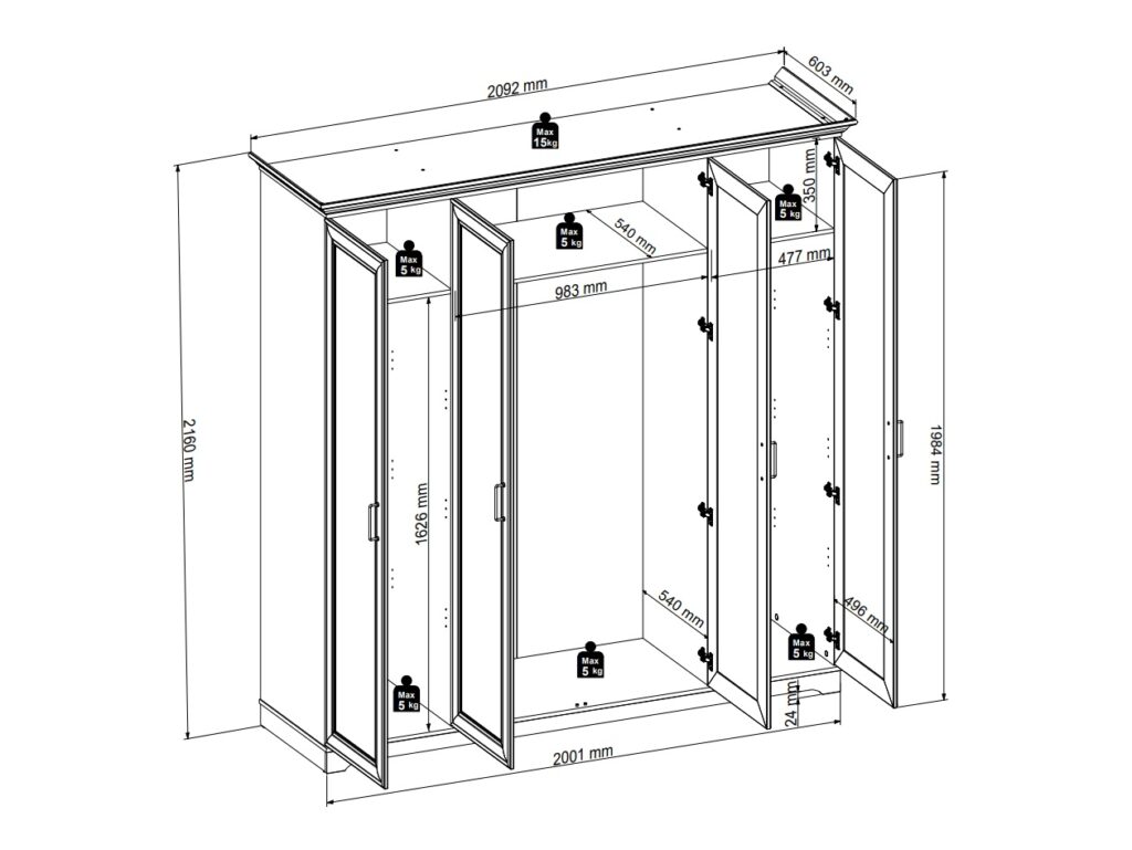 Large Wardrobe 4 Door Storage Cabinet Quadruple Wardrobe Shelves Hanging Rails Shaker Style Cashmere Beige - Anga