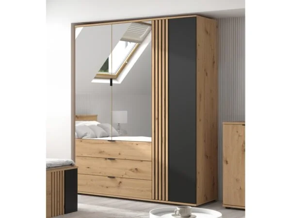 Triple Wardrobe mirror storage bedroom unit oak and black matt slat panelling Vabres FIRST