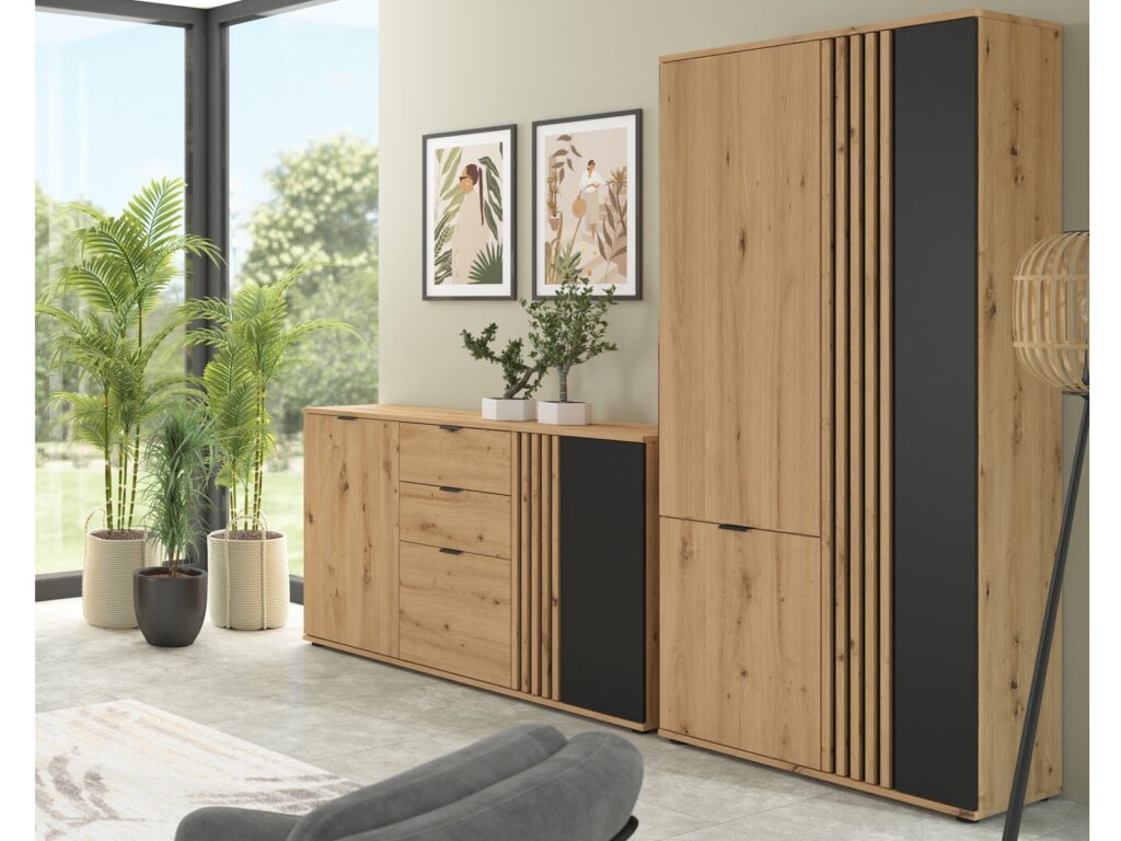 Triple Wardrobe Slim 3 Door Bedroom Hallway Hall Storage Shelf Unit Hanging Rail Black and Oak with Slats – Vabres