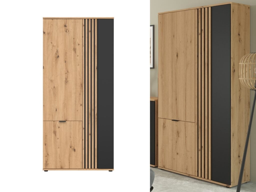 Triple Wardrobe Slim 3 Door Bedroom Hallway Hall Storage Shelf Unit Hanging Rail Black and Oak with Slats – Vabres