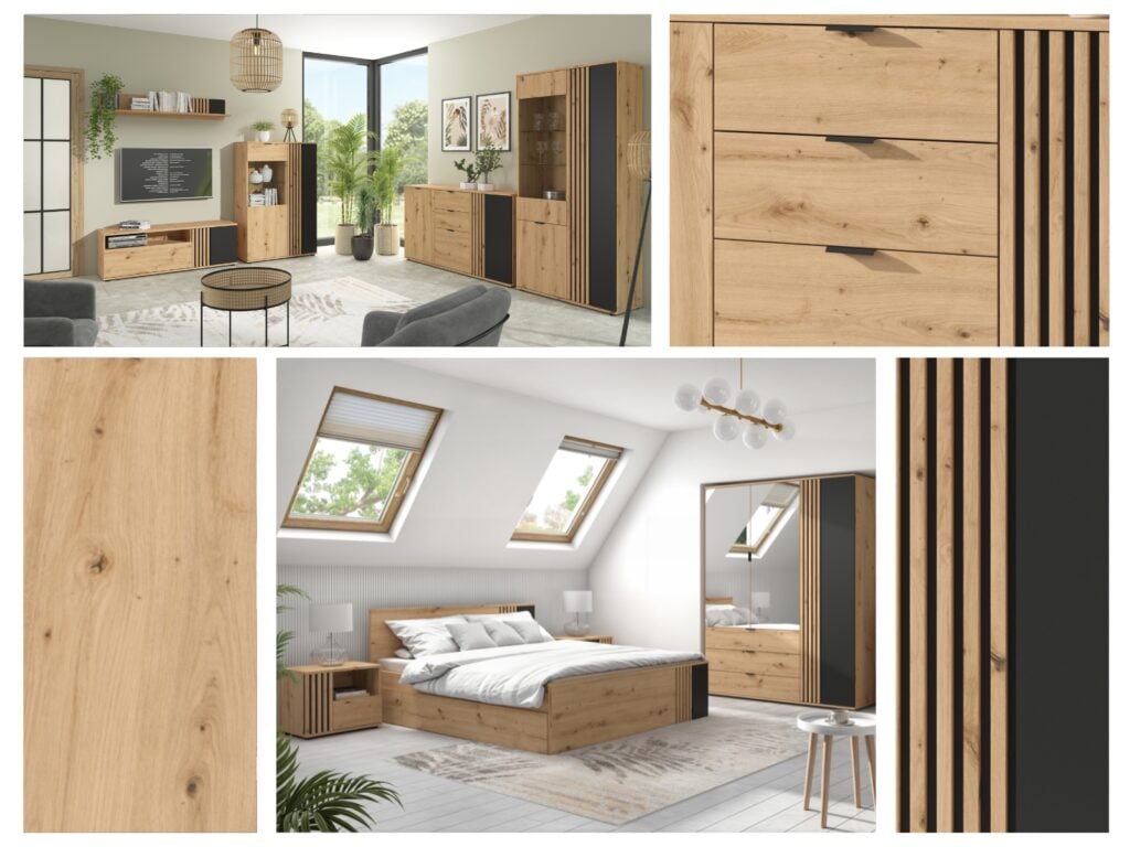 Triple Wardrobe Mirrored Bedroom Hallway 3 Door 3 Drawer Shelf Unit Hanging Rail Black and Oak with Slats – Vabres