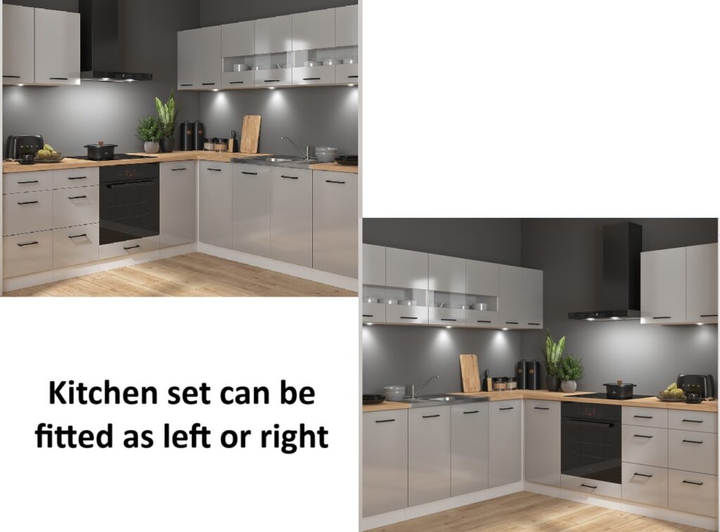 Kitchen Corner Set Cabinets Units Grey Gloss Modern Freestanding 11 Cupboards Complete DIY Fitted Kitchen - Junona