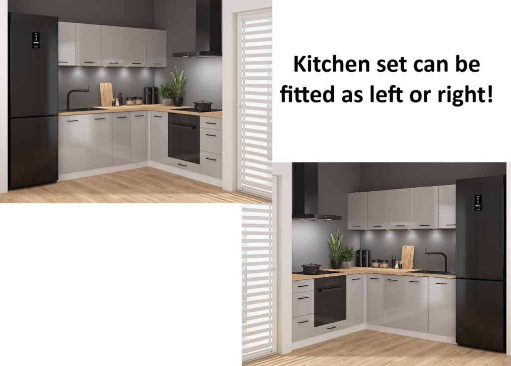 Kitchen Corner Set Cabinets Units Gloss Grey Modern Freestanding 8 Cupboards Complete DIY Fitted Kitchen - Junona