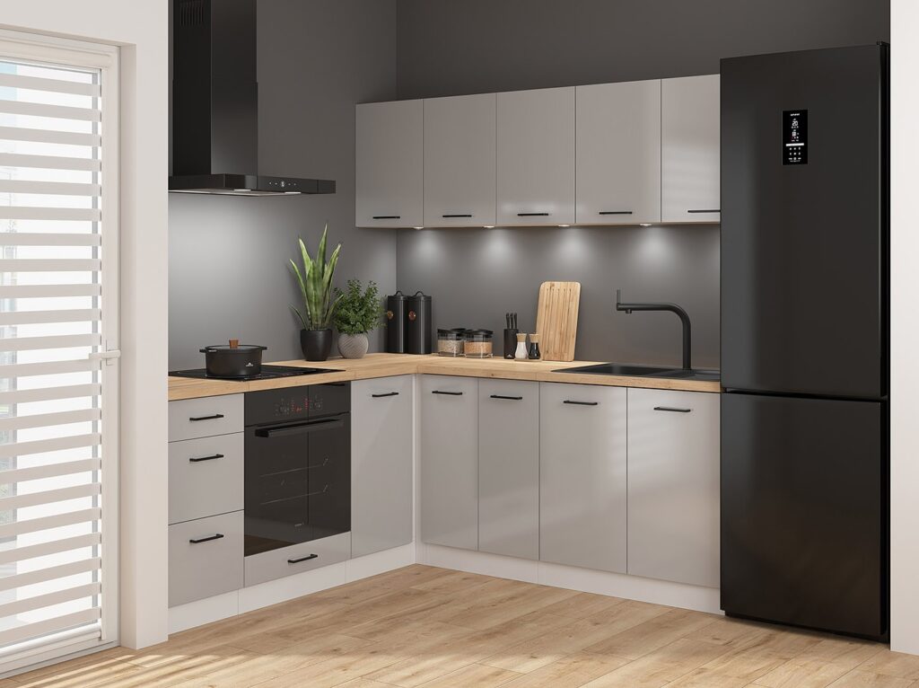 Kitchen Corner Set Cabinets Units Gloss Grey Modern Freestanding 8 Cupboards Complete DIY Fitted Kitchen - Junona