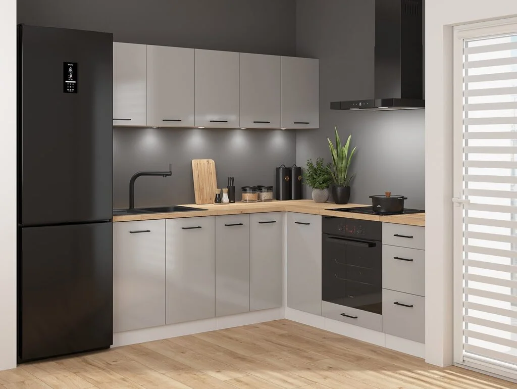 Kitchen Corner Set Cabinets Units Gloss Grey Modern Freestanding 8 Cupboards Complete DIY Fitted Kitchen - Junona