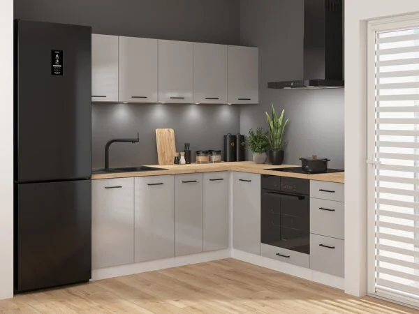corner kitchen cabinet set L shaped kitchenette Gloss GREY Junona Nar 1 Right