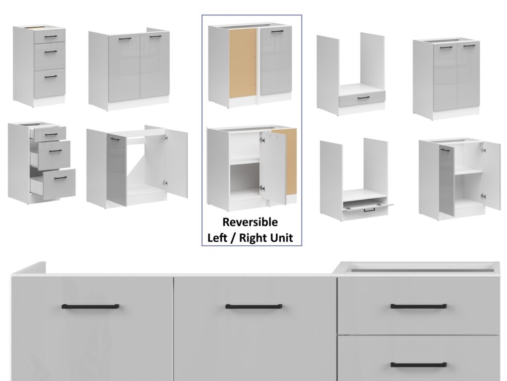 Kitchen Corner Set Cabinets Units Gloss Grey Modern Freestanding 8 Cupboards Complete DIY Fitted Kitchen - Junona