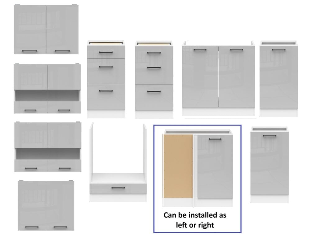 Kitchen Corner Set Cabinets Units Grey Gloss Modern Freestanding 11 Cupboards Complete DIY Fitted Kitchen - Junona