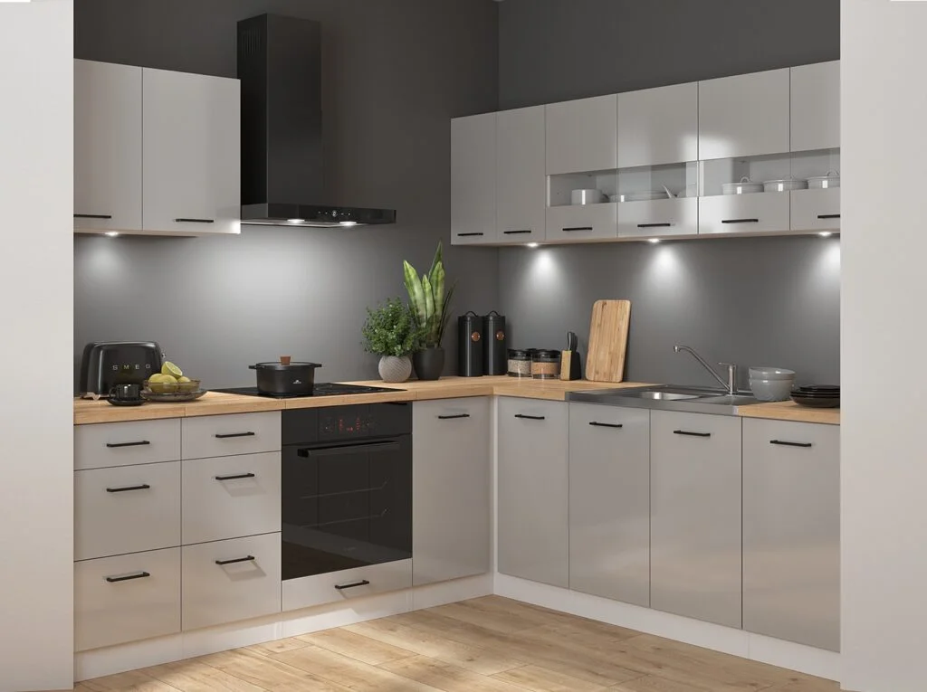 Kitchen Corner Set Cabinets Units Grey Gloss Modern Freestanding 11 Cupboards Complete DIY Fitted Kitchen - Junona