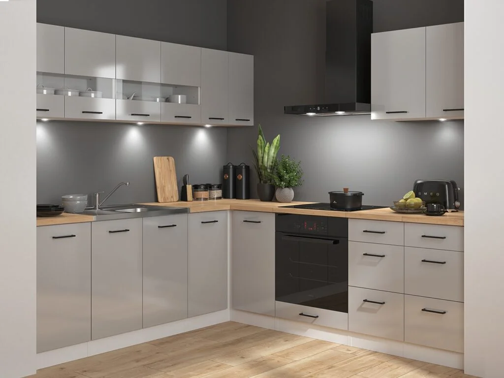 Kitchen Corner Set Cabinets Units Grey Gloss Modern Freestanding 11 Cupboards Complete DIY Fitted Kitchen - Junona