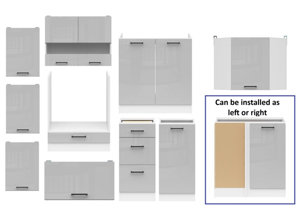 Kitchen Corner Set 11 Cabinets Units Grey Gloss Modern Freestanding Cupboards Complete DIY Fitted Kitchen - Junona