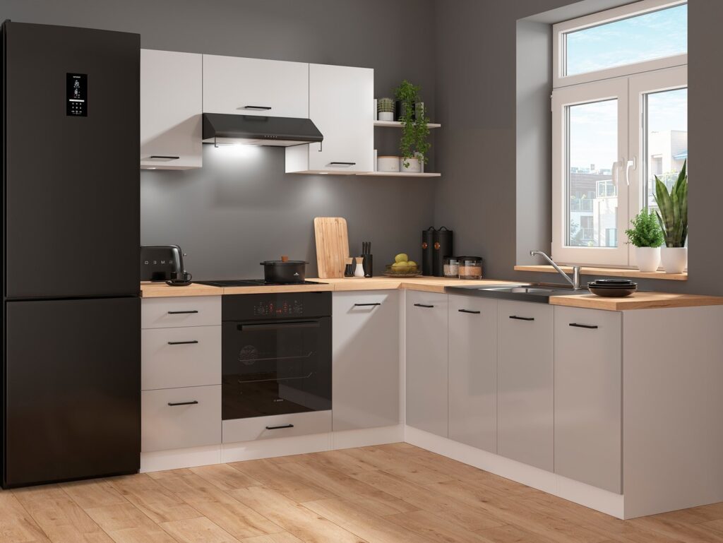 Kitchen Corner Set 9 Cabinets Units Grey Gloss Modern Freestanding Cupboards Complete DIY Fitted Kitchen - Junona
