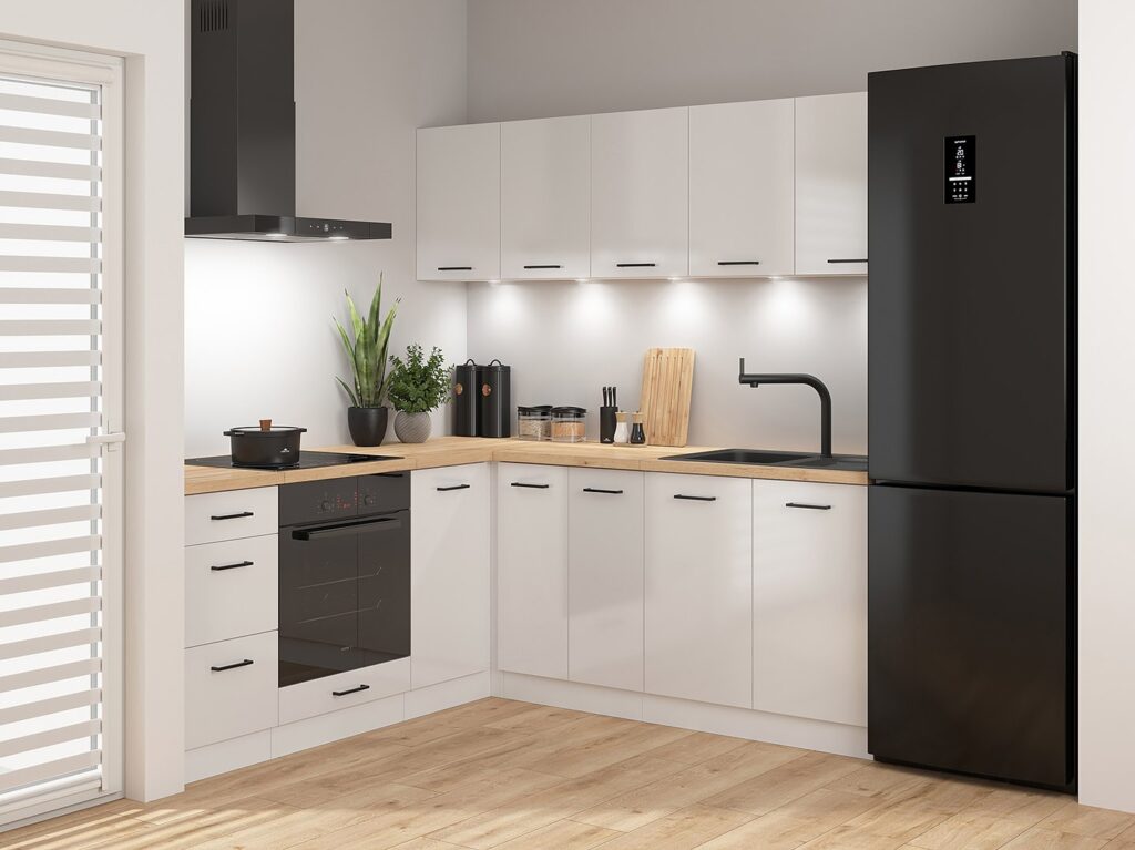 Kitchen Corner Set Cabinets Units Gloss White Modern Freestanding 8 Cupboards Complete DIY Fitted Kitchen - Junona