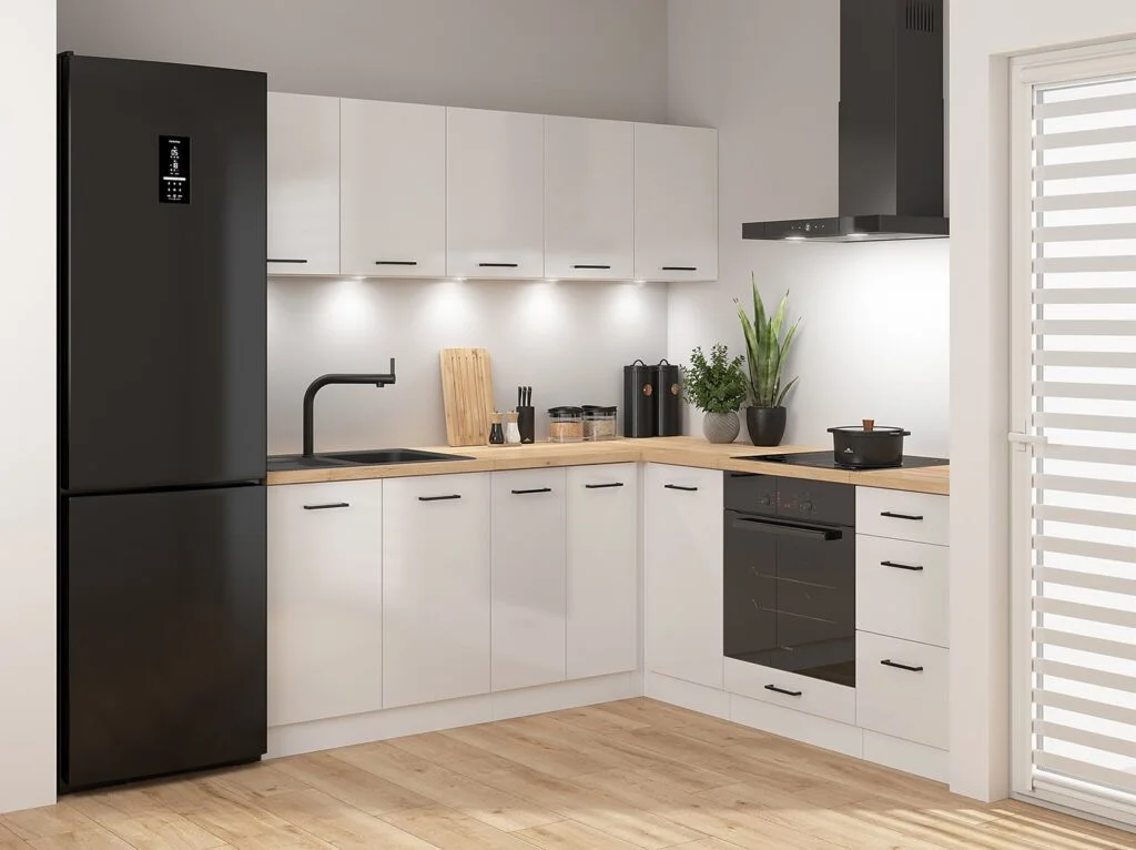 Kitchen Corner Set Cabinets Units Gloss White Modern Freestanding 8 Cupboards Complete DIY Fitted Kitchen - Junona