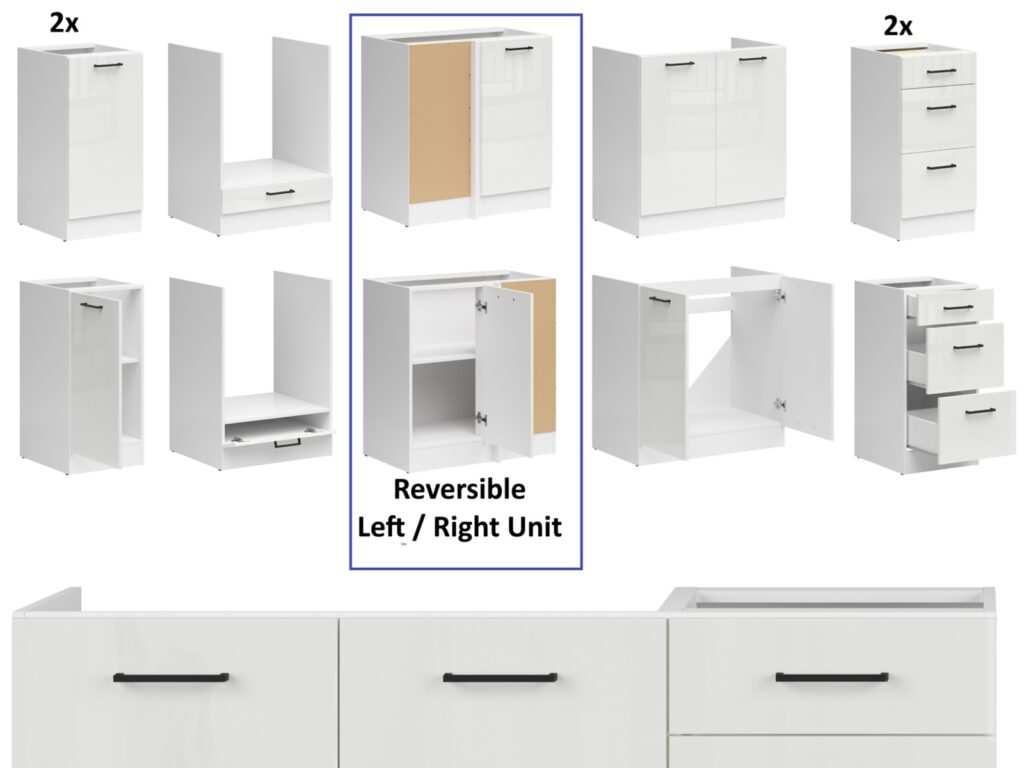 Kitchen Corner Set Cabinets Units White Gloss Modern Freestanding 11 Cupboards Complete DIY Fitted Kitchen - Junona
