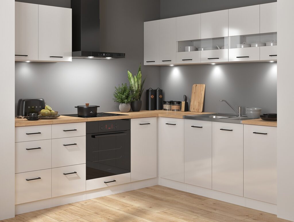 Kitchen Corner Set Cabinets Units White Gloss Modern Freestanding 11 Cupboards Complete DIY Fitted Kitchen - Junona