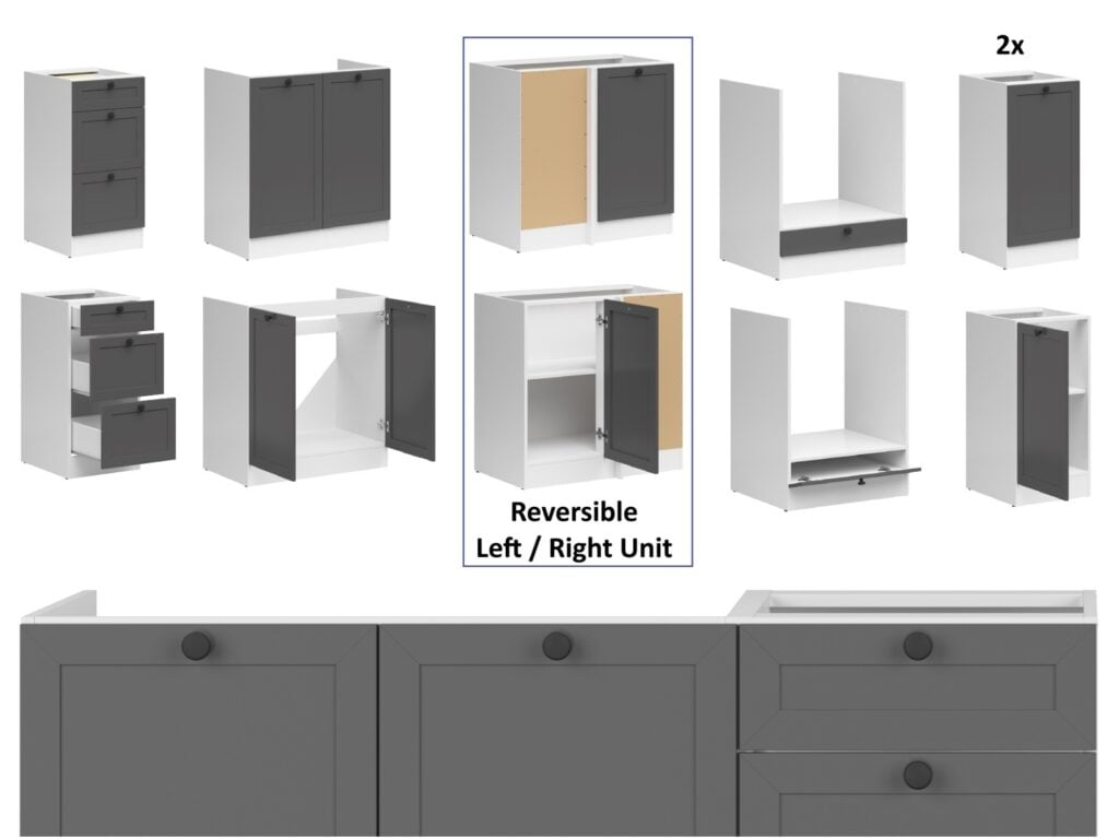 Kitchen Corner Set 9 Cabinets Units Grey Shaker Modern Freestanding Cupboards Complete DIY Fitted Kitchen - Junona