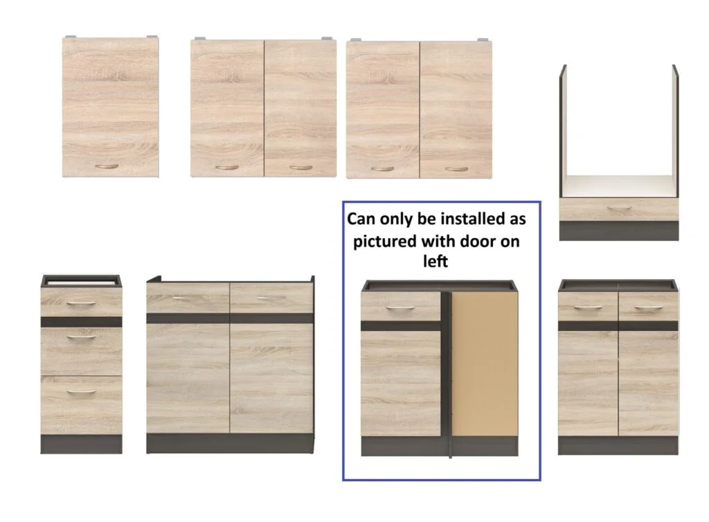 Fitted Kitchen Set Right Corner Cabinets Oak and Dark Wood Effect Freestanding 8 Cupboard Unit Complete DIY Junona