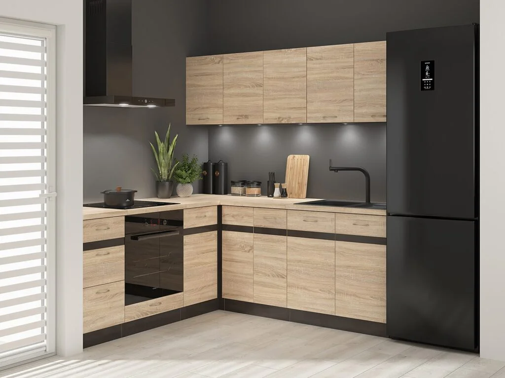 Fitted Kitchen Set Right Corner Cabinets Oak and Dark Wood Effect Freestanding 8 Cupboard Unit Complete DIY Junona