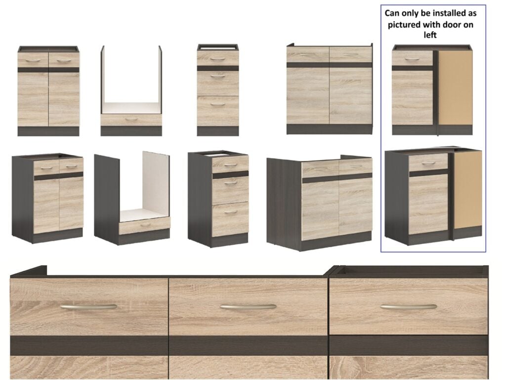 Fitted Kitchen Set Right Corner Cabinets Oak and Dark Wood Effect Freestanding 8 Cupboard Unit Complete DIY Junona