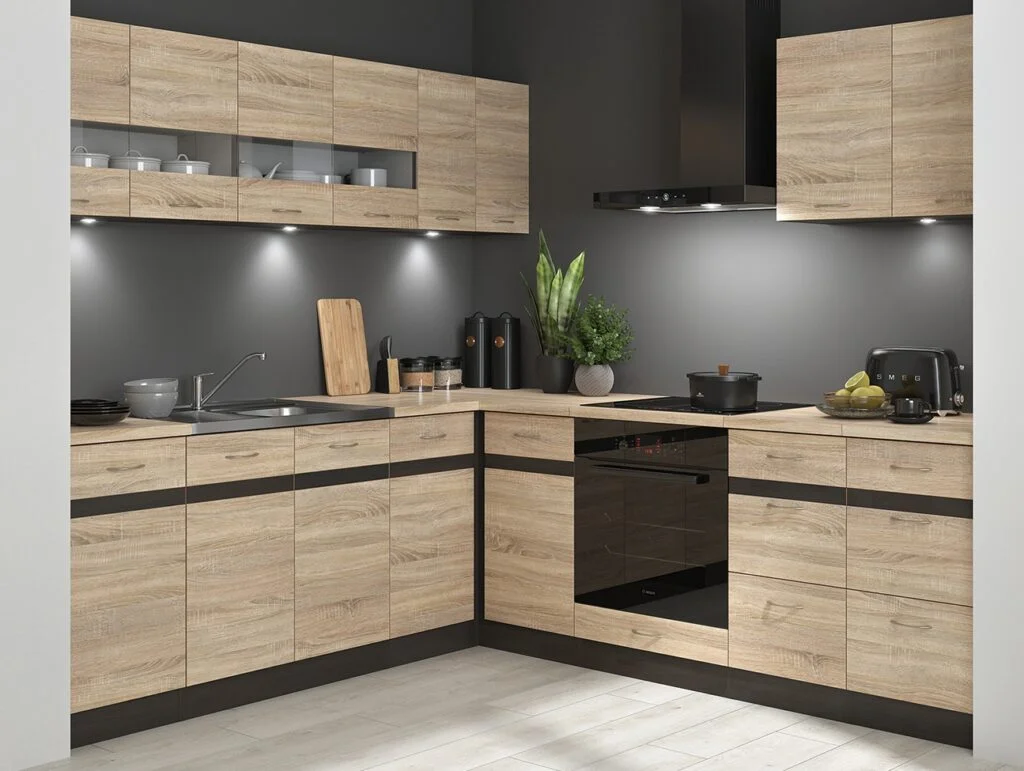 Fitted Kitchen Left Corner Set Wood Effect Cabinets Oak Wenge Effect Freestanding 11 Cupboard Complete DIY Junona