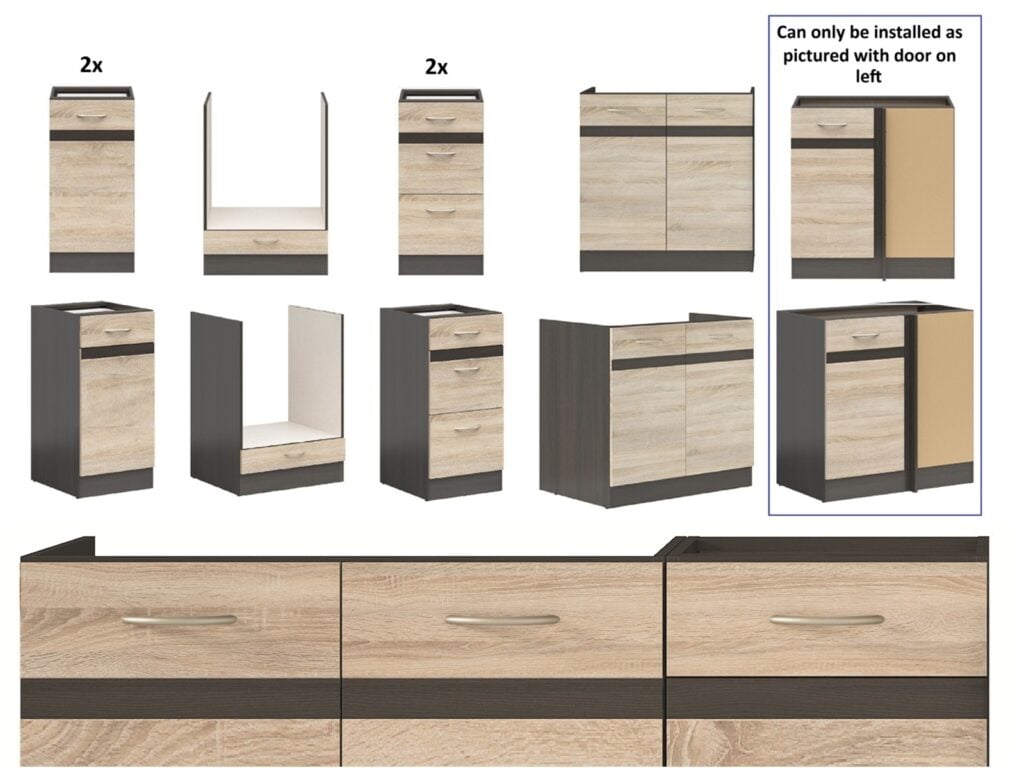 Fitted Kitchen Right Corner Set Wood Effect Cabinets Oak Wenge Effect Freestanding 11 Cupboard Complete DIY Junona